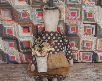 Muñeca de arte primitivo de bruja de 61 cm (24 pulgadas), pieza única, con aspecto envejecido, firmada y fechada. Arte popular de Halloween hecho a mano.