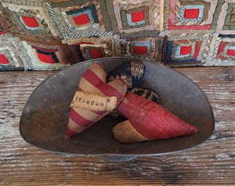 Primitive Americana Hearts - Set of 3 Bowl Fillers or Ornaments made from Antique Quilt, Coverlet & Flag Fabric - Freedom Collection