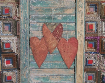 3 Primitive Tattered Heart Ornaments, Faded & Worn Out Antique Quilt, Country Rustic Farmhouse Decor #1 - READY TO SHIP