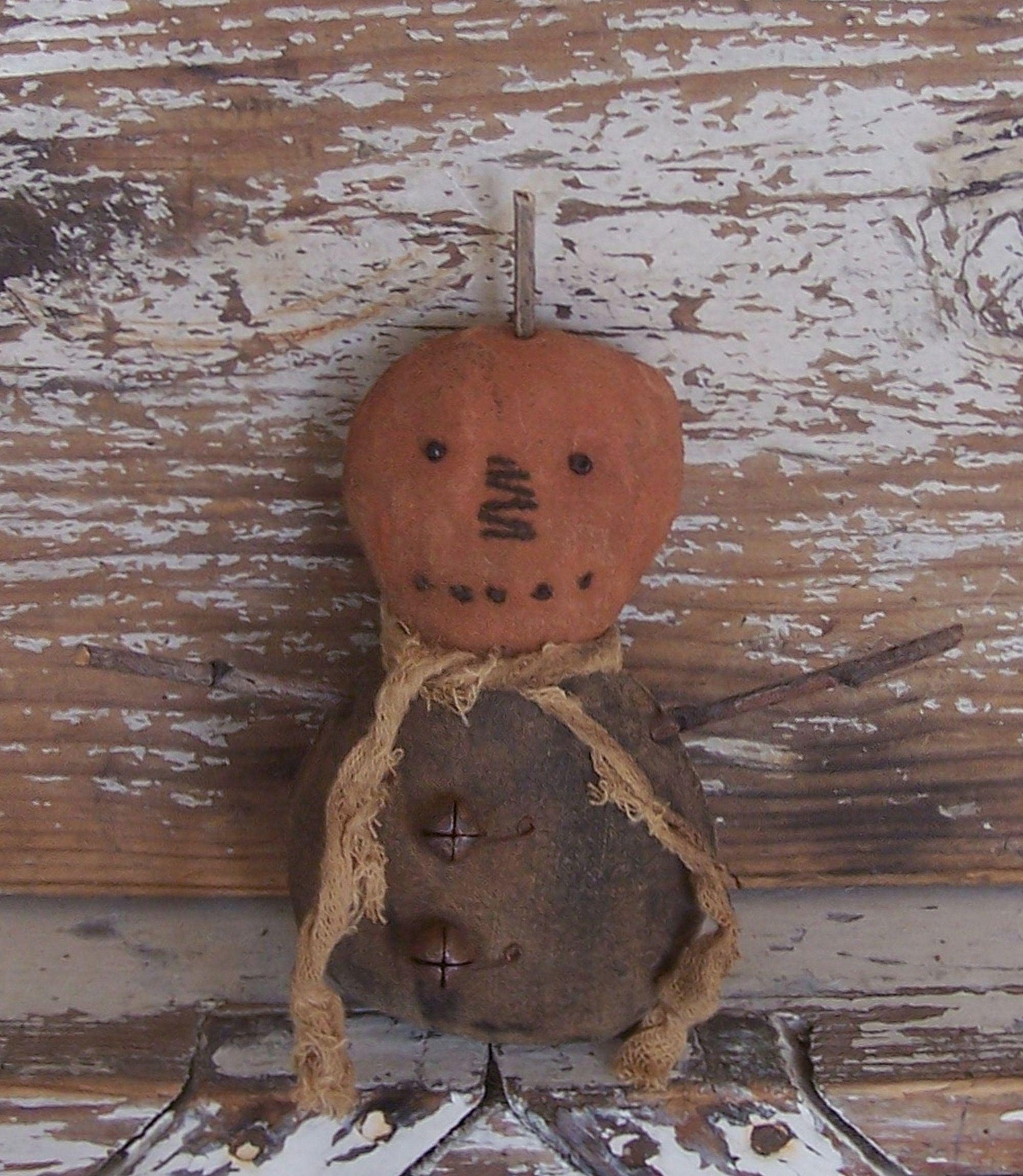 Rustic Pumpkin Doll: Primitive Halloween Decor, Grungy Gauze Scarf