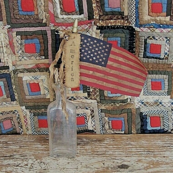 Small Primitive American Flag (choice of tag), Antique Look Summer Parade Stick Flag, Rustic Americana Cottagecore Decor - READY TO SHIP