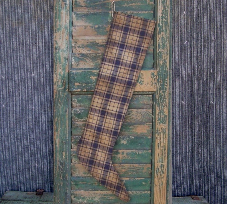 Primitive Christmas Stockings, Blue Homespun Plaid Christmas Stockings, Rustic Decor 2 available READY TO SHIP image 1