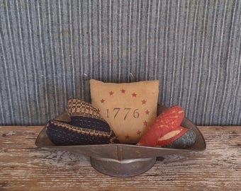 HANDMADE - Primitive Americana Gathering, Hearts made from Antique Quilt & Coverlet, Small Stenciled 1776 Pillow