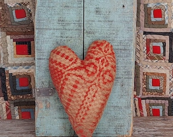 HANDMADE - Primitive Heart Pillow or Bowl Filler made from Antique Coverlet - Red & Ecru