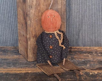 Muñeca de calabaza primitiva, adorno rústico de armario de granja, muñeco de estante hecho a mano para niño