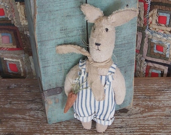Primitive Easter Bunny Doll in Vintage Ticking Overalls with Tiny Carrot