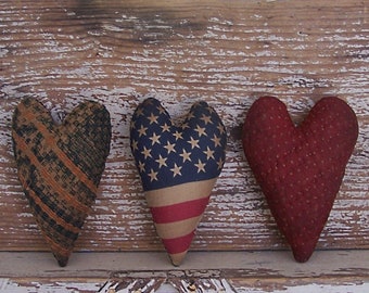 3 Primitive Heart Ornaments, Antique Quilt & Coverlet Cupboard Tucks or Bowl Fillers, Rustic Americana Farmhouse, Set #1 - READY TO SHIP