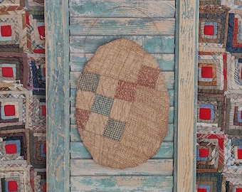 Primitive Egg Wall Hanger made from Antique Quilt, Rustic Tattered Easter Decor