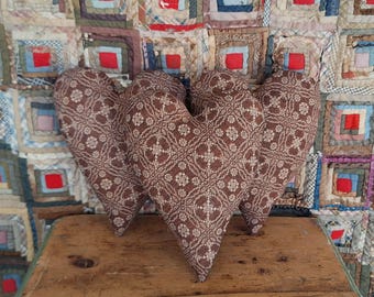 Primitive Heart Pillow made from Vintage Coverlet FABRIC, Grungy Rustic Farmhouse Decor