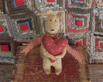 Primitive Mouse Doll with Antique Quilt Heart & Homespun Scarf