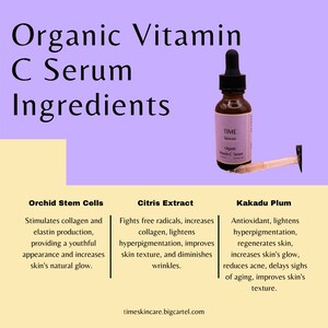 Op de afbeelding: Een advertentie voor Organic Vitamin C Serum. De afbeelding toont een bruine glazen fles met een druppelaar en tekst die de ingredi&euml;nten beschrijft: Orchid Stem Cells, Citris Extract en Kakadu Plum. De website timeskincare.bigcartel.com wordt ook weergegeven.