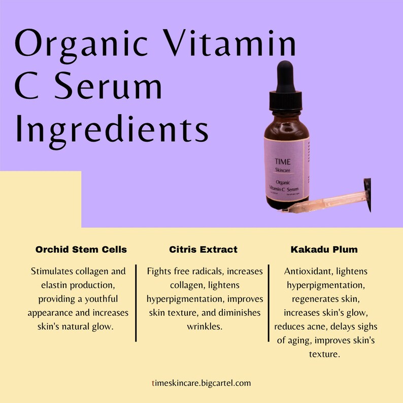 Op de afbeelding: Een advertentie voor Organic Vitamin C Serum. De afbeelding toont een bruine glazen fles met een druppelaar en tekst die de ingredi&euml;nten beschrijft: Orchid Stem Cells, Citris Extract en Kakadu Plum. De website timeskincare.bigcartel.com wordt ook weergegeven.
