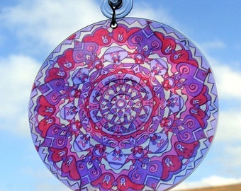 Purple Owls Mandala Suncatcher - Bohemian Home Decor - Purple and Pink Psychedelic Hippie Art - Geometric Design