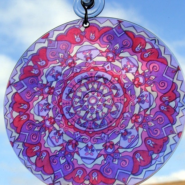 Purple Owls Mandala Suncatcher - Bohemian Home Decor - Purple and Pink Psychedelic Hippie Art - Geometric Design