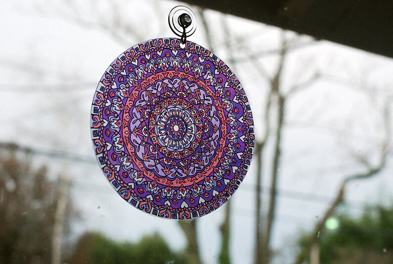 Mandala Suncatcher in Purple and Orange Bohemian Home Decor Window Decor Geometric Psychedelic image 3