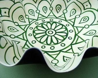 Cream and Green Mandala Record Bowl - Geometric Design - Bohemian Home Decor