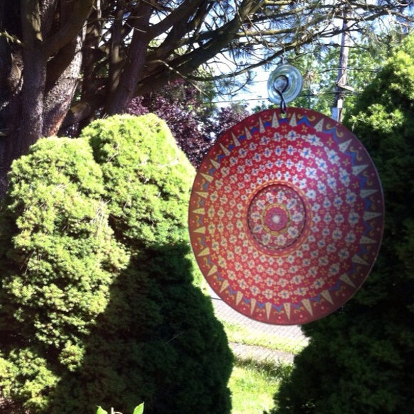 Brown and Copper Mandala Suncatcher - Psychedelic Geometric Design Made From Recycled Materials - Orange and Brown Bohemian Home Decor