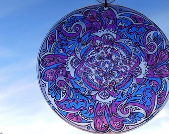 Flurry Mandala Suncatcher - Purple Blue White Pink Geometric Design - Original Psychedelic Art - Bohemian Home Decor