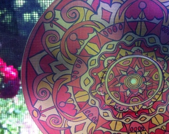 Red Hot Mandala Suncatcher - Psychedelic Geometric Design Made From Recycled Materials - Bohemian Home Decor