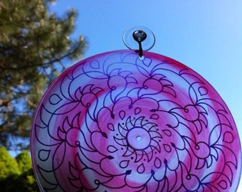 Hot Pink Swirl Mandala Suncatcher - Psychedelic Geometric Spiral Design Made From Recycled Materials - Bohemian Home Decor