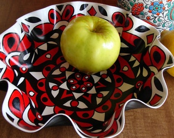 Rockabilly Mandala Record Bowl - Psychedelic Geometric Hand Painted Home Decor Made From Recycled Vinyl Record in Red Black and White