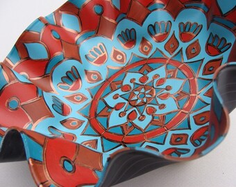 Hawaiian Wedding Mandala Record Bowl -  Geometric Mandala in Turquoise / Teal / Aqua and Brown - Hand Painted Bohemian Home Decor