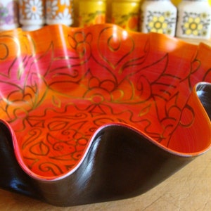 Orange and Pink Swirly Mandala Record Bowl Psychedelic Geometric Design Made from Recycled Vinyl Record image 2