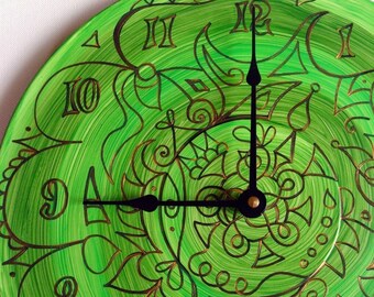 Green Maelstrom Mandala Record Clock - Psychedelic Geometric Design on Recycled Vinyl Record