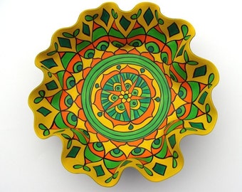 Lemon Lime Mandala Record Bowl - Psychedelic Geometry in Yellow and Green - Eco Friendly Bohemian Home Decor