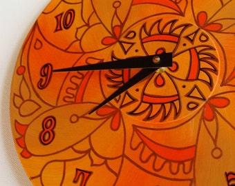 Wicked Orange Wall Clock - Geometric Mandala Painting on Recycled Vinyl Record