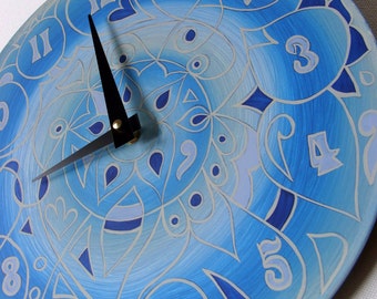 Blue Whirlpool Clock - Geometric Mandala on Recycled Vinyl Record