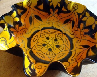 Honeybee Mandala Record Bowl - Yellow and Black Geometric Design - Bohemian Home Decor