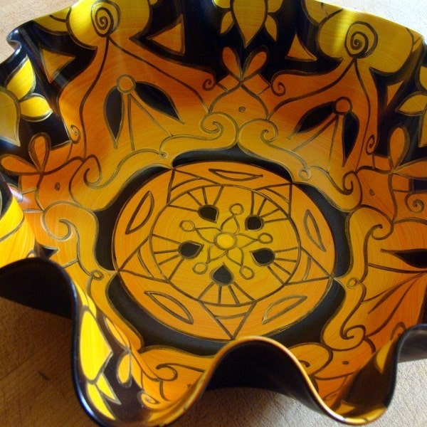 Honeybee Mandala Record Bowl - Yellow and Black Geometric Design - Bohemian Home Decor