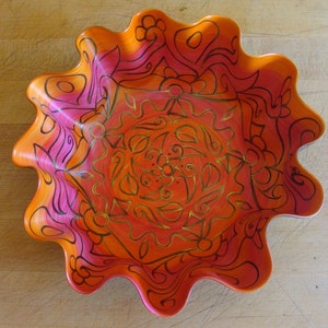 Orange and Pink Swirly Mandala Record Bowl Psychedelic Geometric Design Made from Recycled Vinyl Record image 4