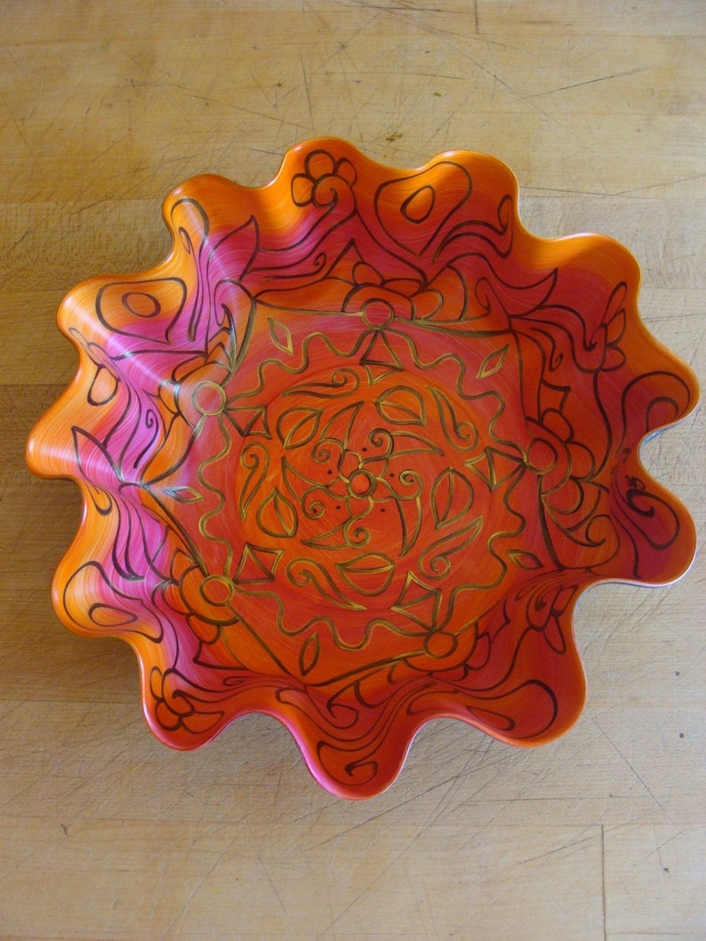 Orange and Pink Swirly Mandala Record Bowl Psychedelic Geometric Design Made from Recycled Vinyl Record image 4