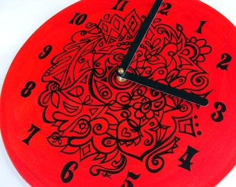 Vampire Red Goth Clock - Hand Painted Original Red and Black Home Decor made from Vinyl Record