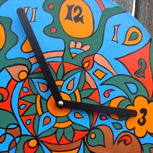 Earthy Clock Psychedelic Geometric Design in Green / Blue / Orange Made From Recycled Vinyl Record image 1