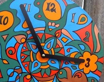 Earthy Clock - Psychedelic Geometric Design in Green / Blue / Orange Made From Recycled Vinyl Record