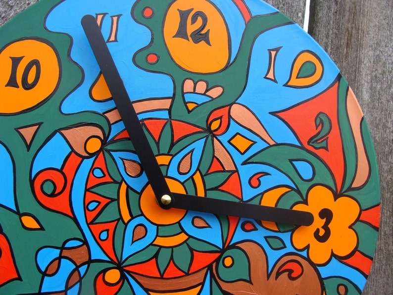 Earthy Clock Psychedelic Geometric Design in Green / Blue / Orange Made From Recycled Vinyl Record image 1