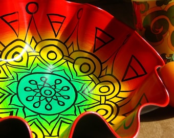 Hand Painted Geometric Mandala in Red / Green / Yellow on Recycled Vinyl Record - Psychedelic Geometric Bohemian Home Decor