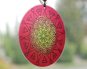 Red and Green Mandala Suncatcher - Hippie Bohemian Home Decor - Meditation - Geometric Design in Red Yellow Green