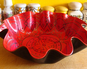 Garnet Red Mandala Record Bowl - Geometric Design on Recycled Vinyl Record - Psychedelic Bohemian Home Decor