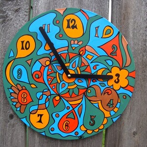 Earthy Clock Psychedelic Geometric Design in Green / Blue / Orange Made From Recycled Vinyl Record image 2