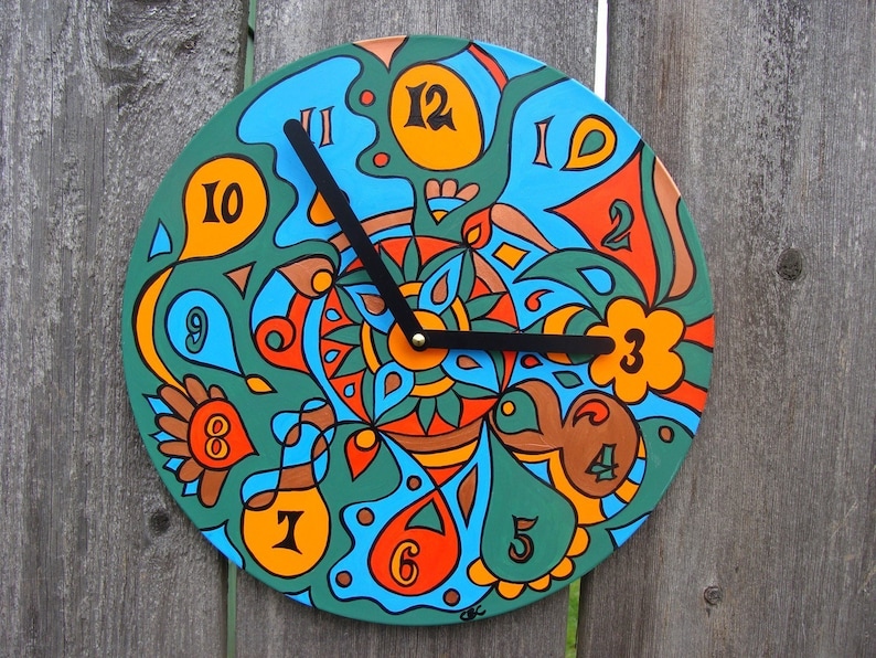 Earthy Clock Psychedelic Geometric Design in Green / Blue / Orange Made From Recycled Vinyl Record image 2