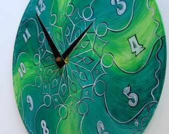 Wall Clock in Trippy Green  -  Geometric Mandala on Recycled Vinyl Record