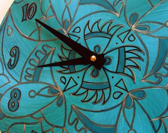 Wicked Clock in Turquoise - Psychedelic Geometric Mandala Hand Painted on Recycled Vinyl Record