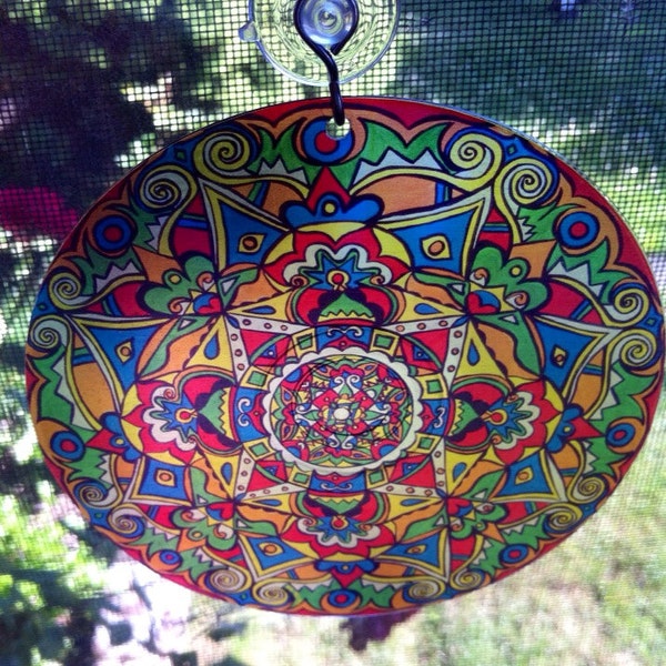 Rivets Mandala Suncatcher - Psychedelic Geometric Design Made From Recycled Materials - Bohemian Home Decor