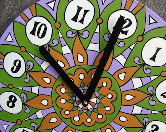 Grasshopper Mandala Record Clock. Psychedelic Bohemian Hand Painted Geometric Home Decor