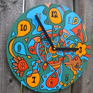 Earthy Clock Psychedelic Geometric Design in Green / Blue / Orange Made From Recycled Vinyl Record image 3