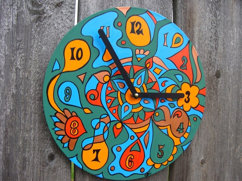 Earthy Clock Psychedelic Geometric Design in Green / Blue / Orange Made From Recycled Vinyl Record image 3